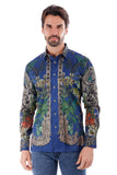 Barabas Wholesale Men's Rhinestone Floral Lion Long Sleeve Shirts 3SPR428 Navy Blue