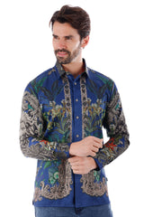 BARABAS Men's Rhinestone Floral Lion Long Sleeve Shirts 3SPR428 Navy Blue