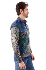 Barabas Wholesale Men's Rhinestone Floral Lion Long Sleeve Shirts 3SPR428 Navy Blue