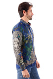 Barabas Wholesale Men's Rhinestone Floral Lion Long Sleeve Shirts 3SPR428 Navy Blue