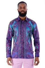 BARABAS Men's Rhinestone Floral Paisley Long Sleeve Shirts 3SPR433 Blue