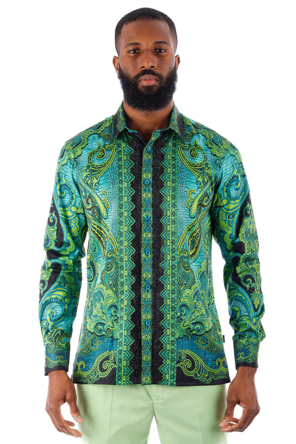 BARABAS Men's Rhinestone Floral Paisley Long Sleeve Shirts 3SPR433 Green