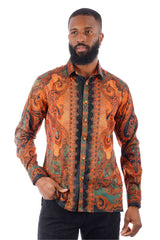 BARABAS Men's Rhinestone Floral Paisley Long Sleeve Shirts 3SPR433 Rust