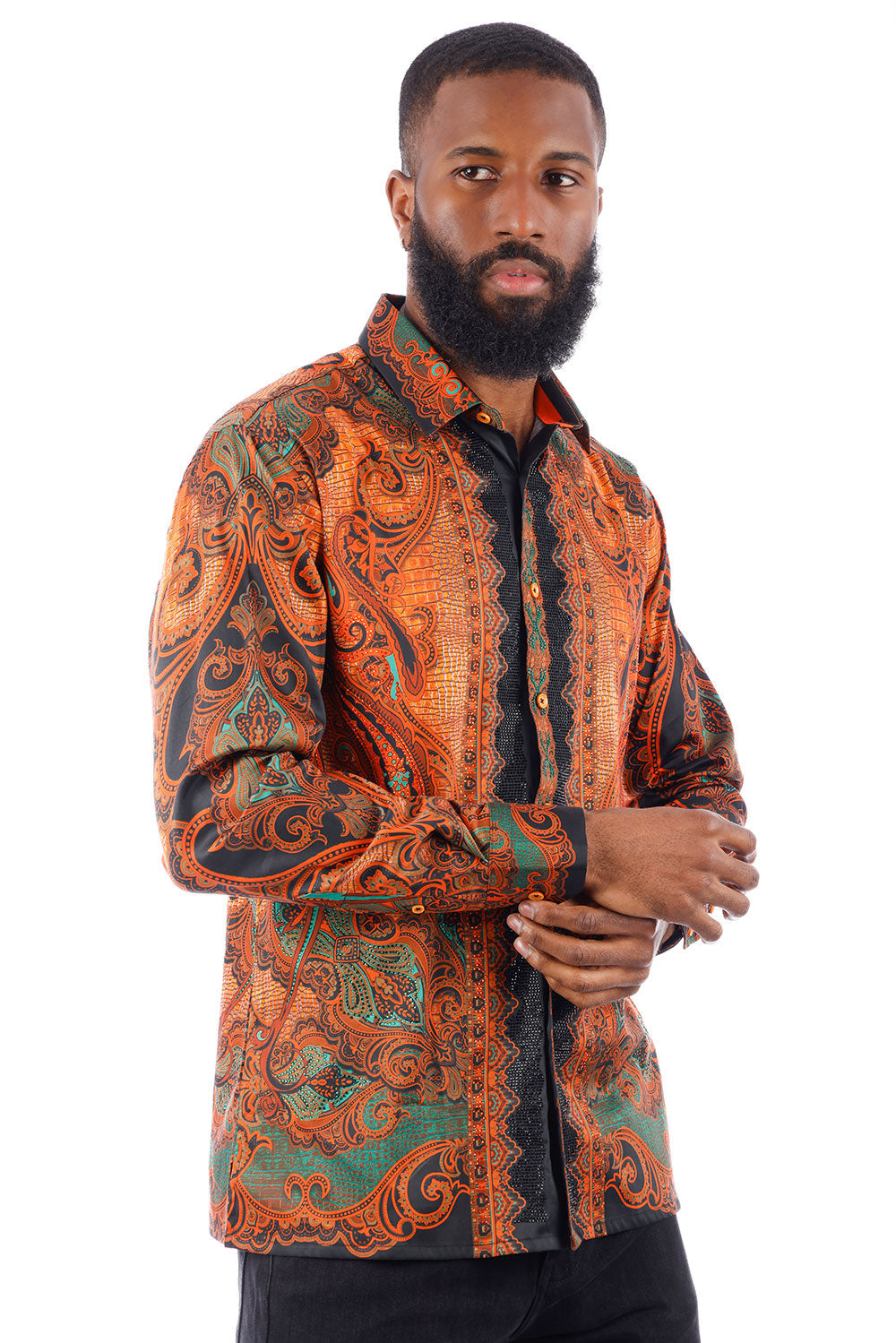 BARABAS Men's Rhinestone Floral Paisley Long Sleeve Shirts 3SPR433 Rust