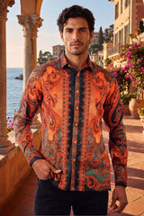 Barabas Wholesale Men's Rhinestone Floral Paisley Long Sleeve Shirts 3SPR433 Rust