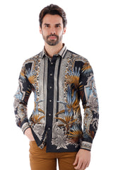 BARABAS Men's Rhinestone Floral Baroque Long Sleeve Shirts 3SPR437 Green