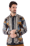 BARABAS Men's Rhinestone Floral Baroque Long Sleeve Shirts 3SPR437 Black Silver