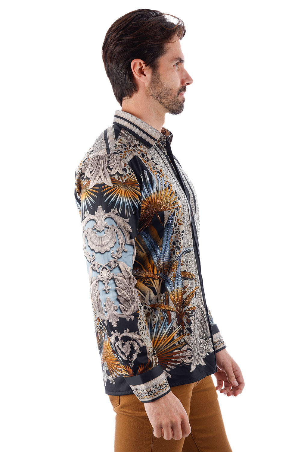 BARABAS Men's Rhinestone Floral Baroque Long Sleeve Shirts 3SPR437 Black Silver