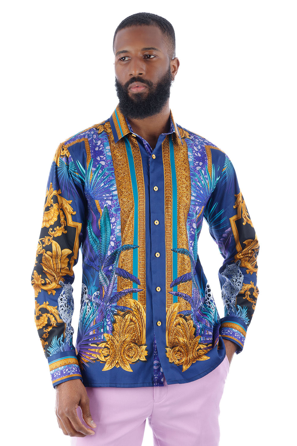 BARABAS Men's Rhinestone Floral Baroque Long Sleeve Shirts 3SPR437 Blue