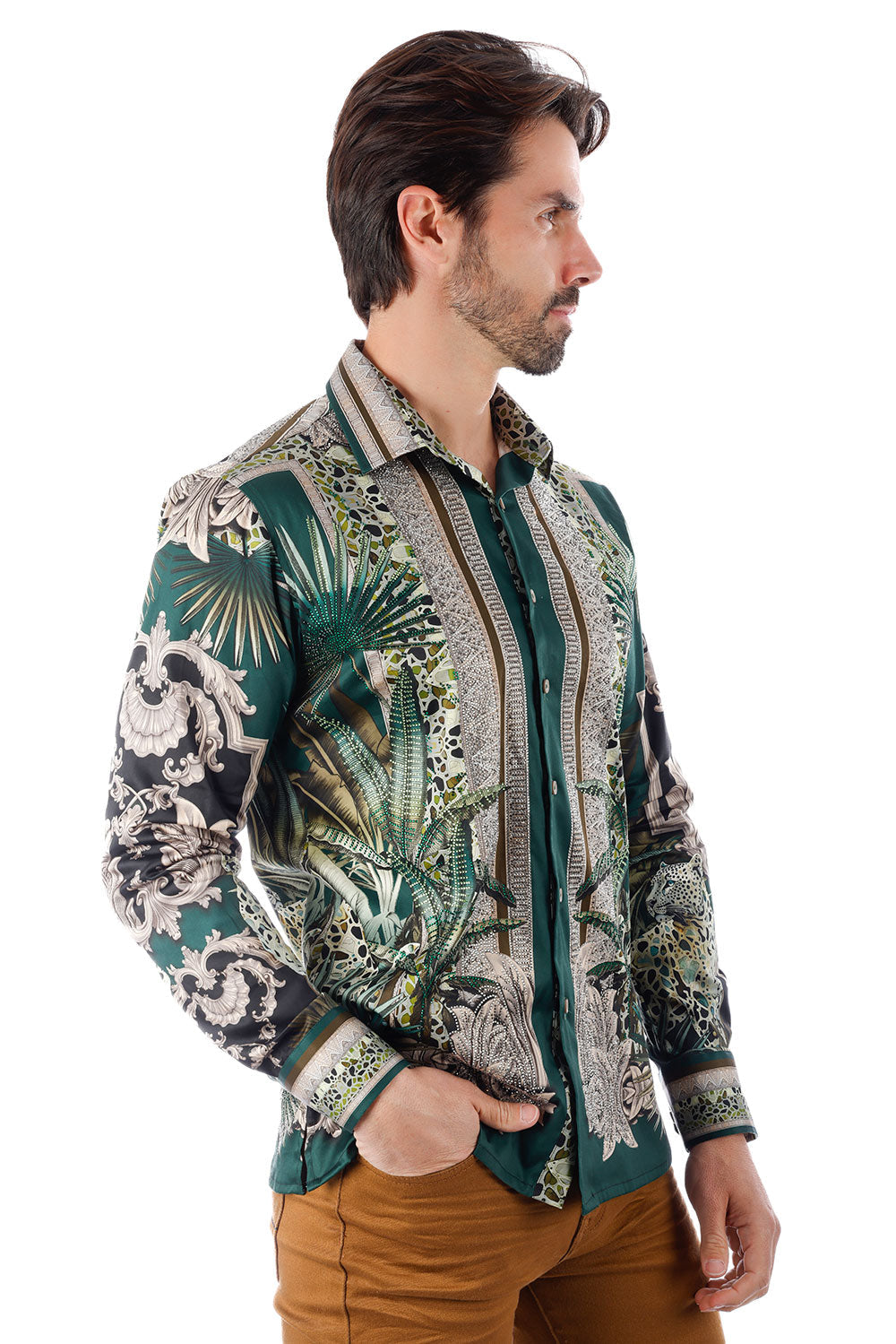 BARABAS Men's Rhinestone Floral Baroque Long Sleeve Shirts 3SPR437 Green
