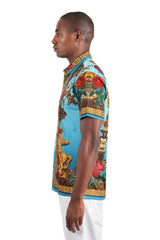 BARABAS Men's Leopard and Rhinestone Floral Short Sleeve Shirts 3SR418 Turquoise