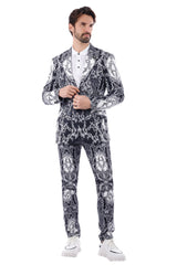 BARABAS Men's Greek Floral Pattern Peak Lapel Suit 3SU22 Black White