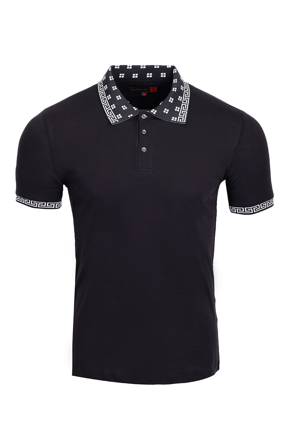 Vassari Men's Greek Key Checkered Stretch Polo Shirts 3VP632 Black