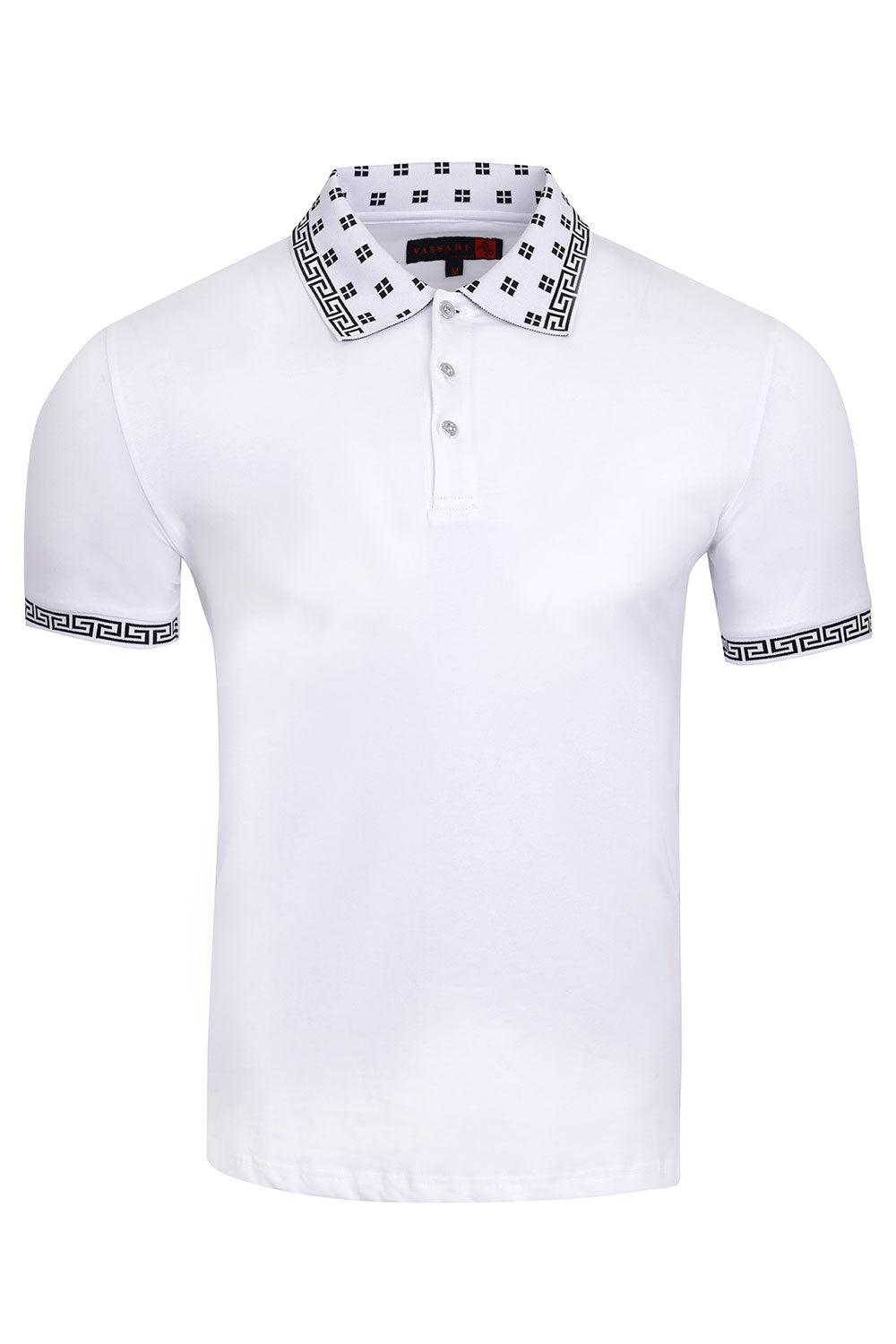Vassari Men's Greek Key Checkered Stretch Polo Shirts 3VP632 White