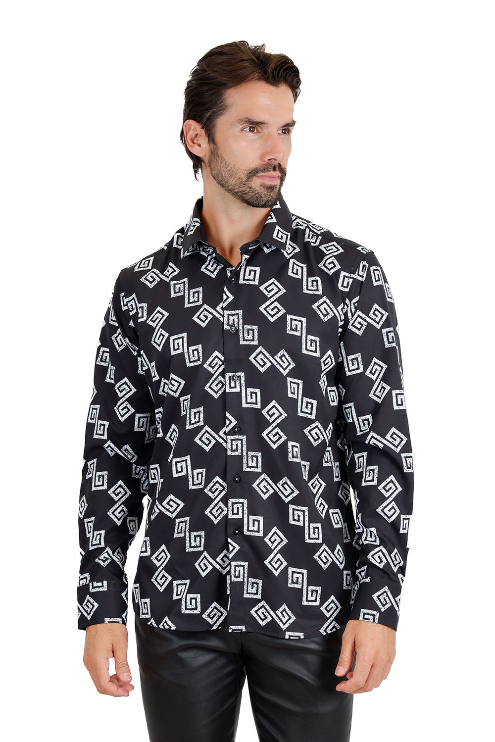 Vassari Men's Greek Key Pattern Geometric Long Sleeve Shirts 3VS11 Black