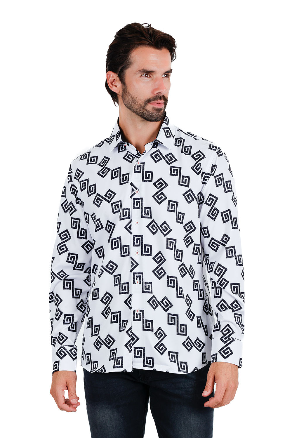 Vassari Men's Greek Key Pattern Geometric Long Sleeve Shirts 3VS11 White