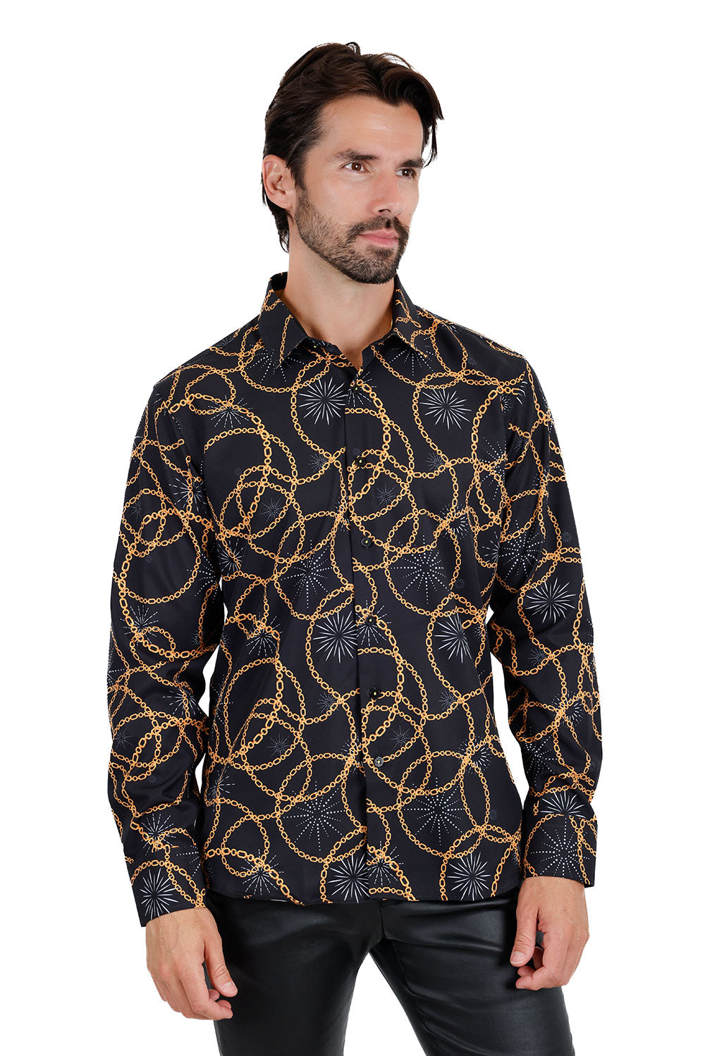Vassari Men's Geometric Printed Long Sleeve Shirts 3VS14 Black