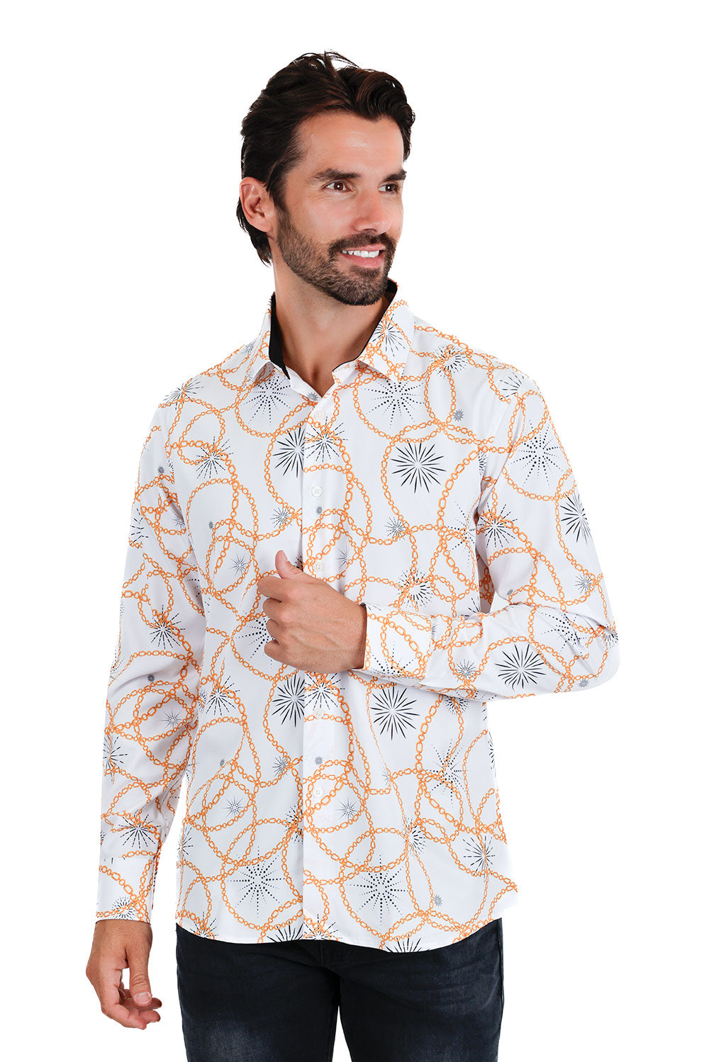 Vassari Men's Geometric Printed Long Sleeve Shirts 3VS14 White
