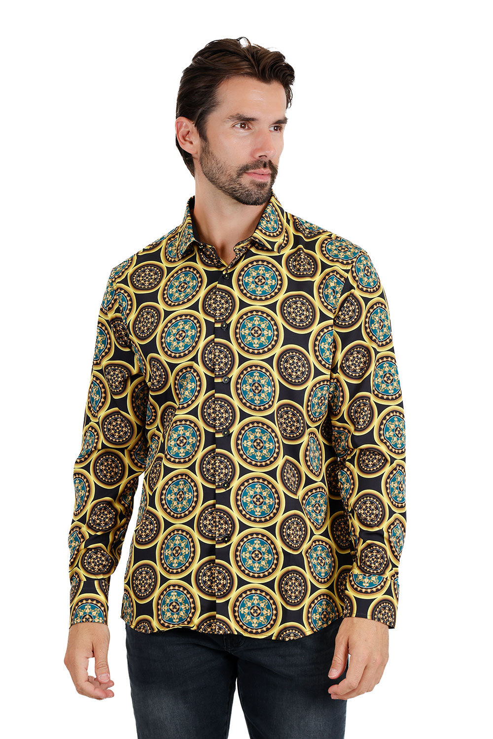 Vassaeri Men's Geometric Design Printed Long Sleeve Shirts 3VS20 Black Gold