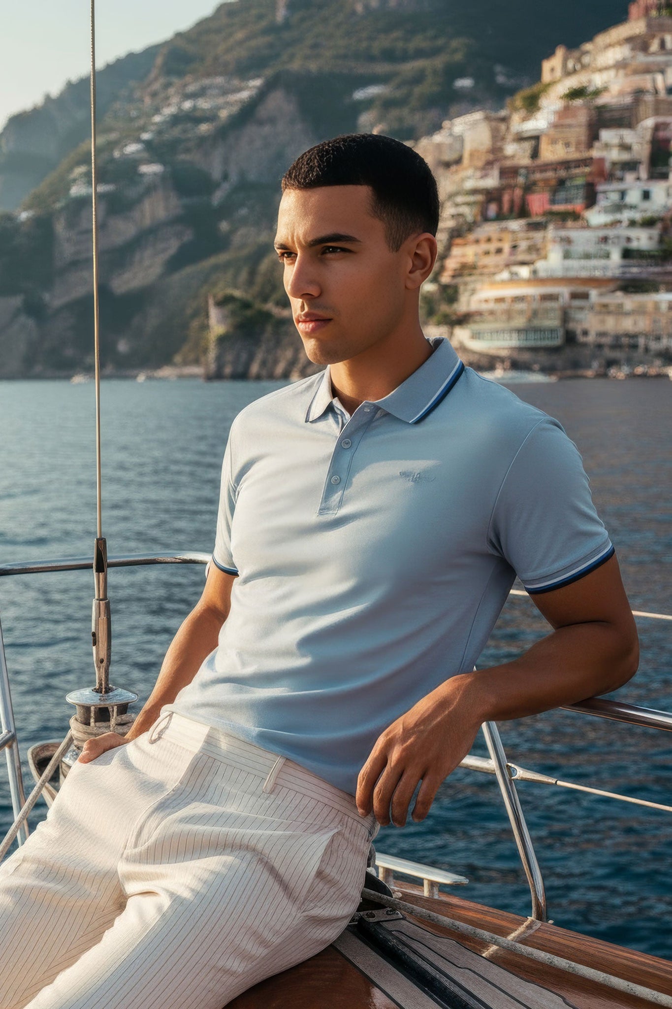 Barabas Wholesale Men's Solid Color Linear Collar and Cuff Polo Shirts 3PS127 Sky Blue