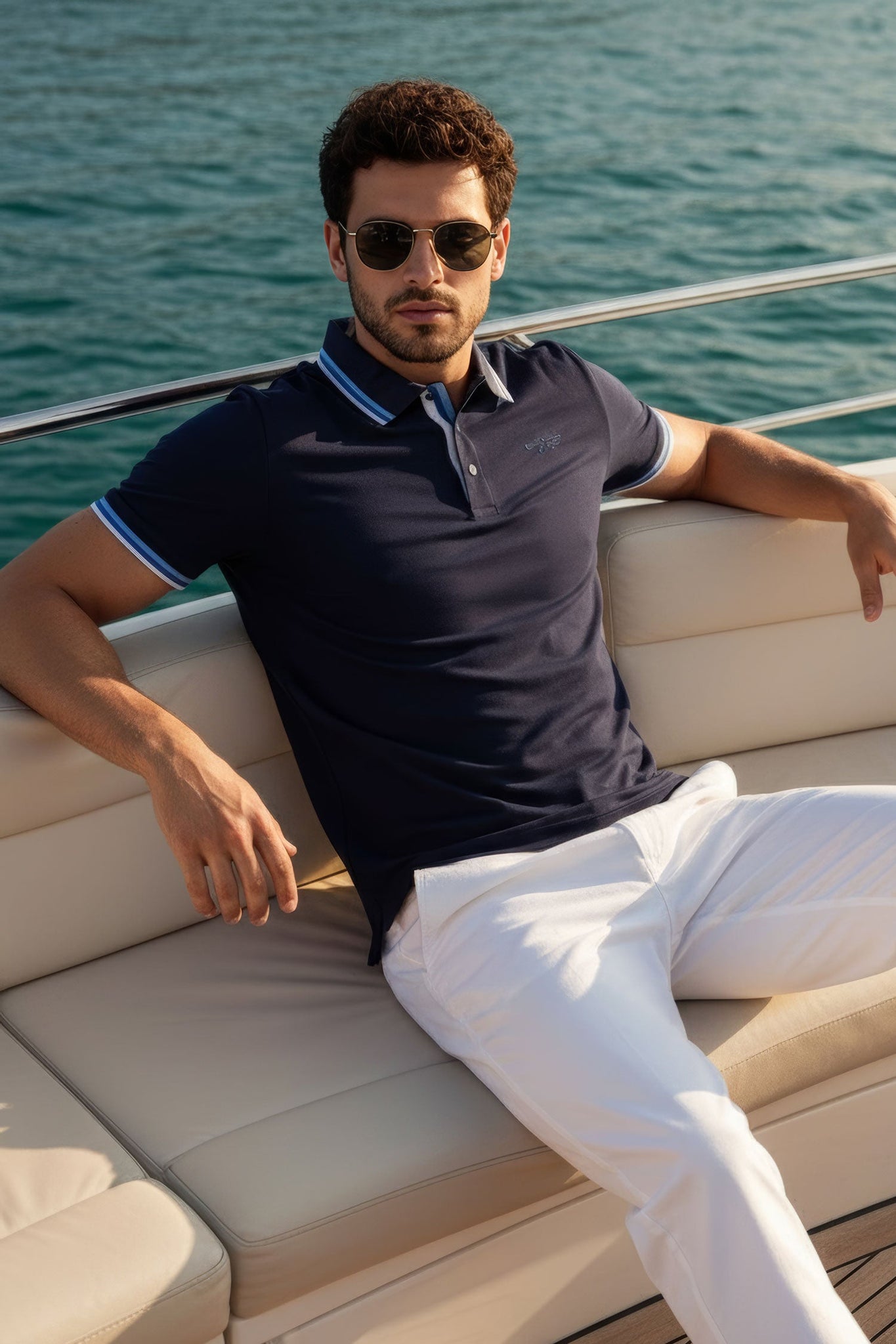Barabas Wholesale Men's Solid Color Linear Collar and Cuff Polo Shirts 3PS127 Navy