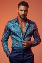 Barabas Wholesale men's printed paisley blue green button down dress Shirt 4501 Green