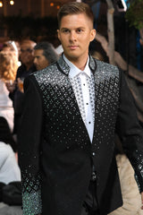 Barabas Wholesale Men's Geometric Pattern Rhinestone Henley Lapel Blazer 4EBL53 Black Silver