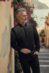 Barabas Wholesale Men's Rhinestones Jewels Long Sleeve Shirt 4B06 Black Silver