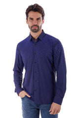 BARABAS Men's Rhinestones Jewels Long Sleeve Shirt 4B06 Navy Blue