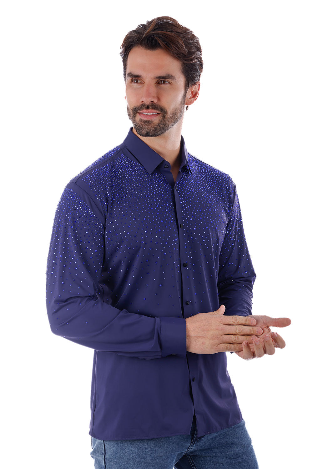 BARABAS Men's Rhinestones Jewels Long Sleeve Shirt 4B06 Navy Blue