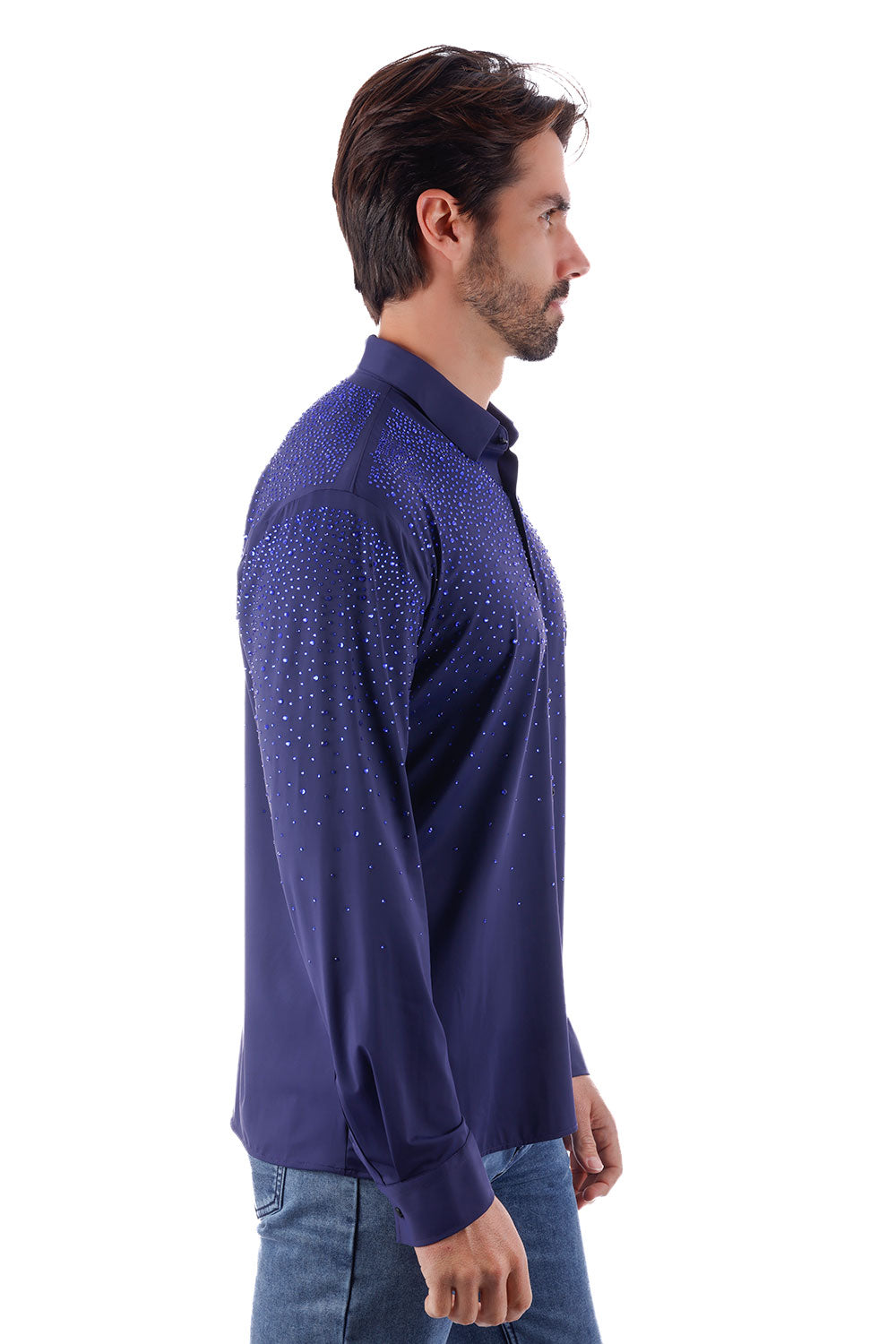 BARABAS Men's Rhinestones Jewels Long Sleeve Shirt 4B06 Navy Blue