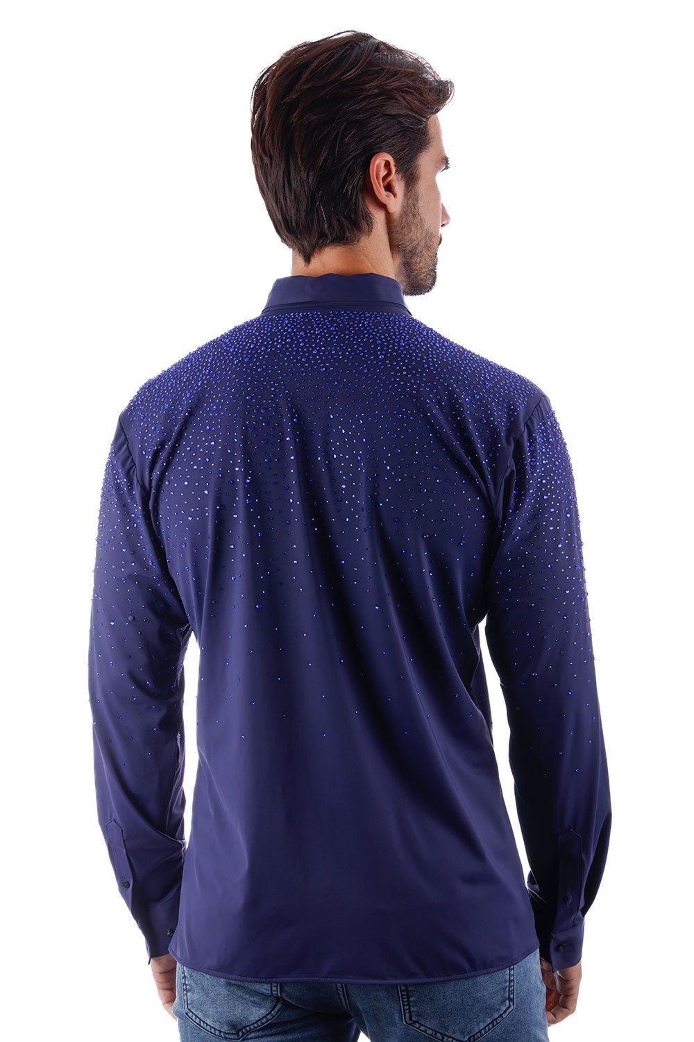 BARABAS Men's Rhinestones Jewels Long Sleeve Shirt 4B06 Navy Blue