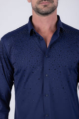 Barabas Wholesale Men's Rhinestones Jewels Long Sleeve Shirt 4B06 Navy