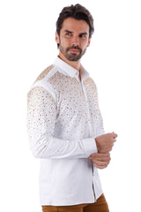 Barabas Wholesale Men's Rhinestones Jewels Long Sleeve Shirt 4B06 White