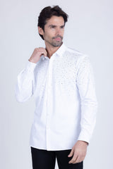 Barabas Wholesale Men's Rhinestones Jewels Long Sleeve Shirt 4B06 White Silver