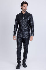 Barabas Wholesale Men's PU Leather Shiny Stretch Long Sleeve Shirt 4B100 Black