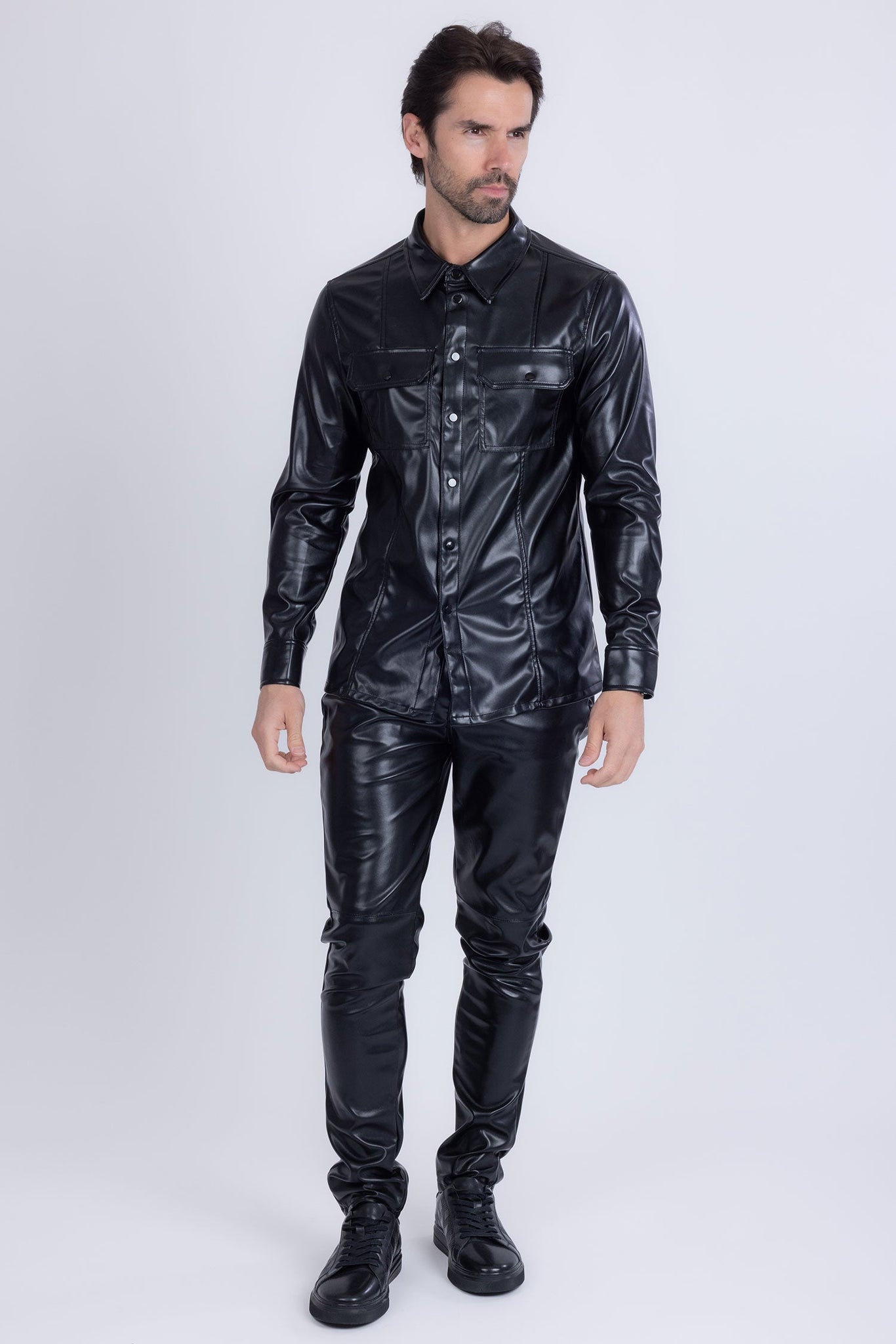 Barabas Wholesale Men's PU Leather Shiny Stretch Long Sleeve Shirt 4B100 Black