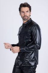 Barabas Wholesale Men's PU Leather Shiny Stretch Long Sleeve Shirt 4B100 Black