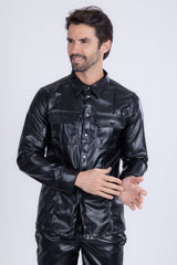 Barabas Wholesale Men's PU Leather Shiny Stretch Long Sleeve Shirt 4B100 Black