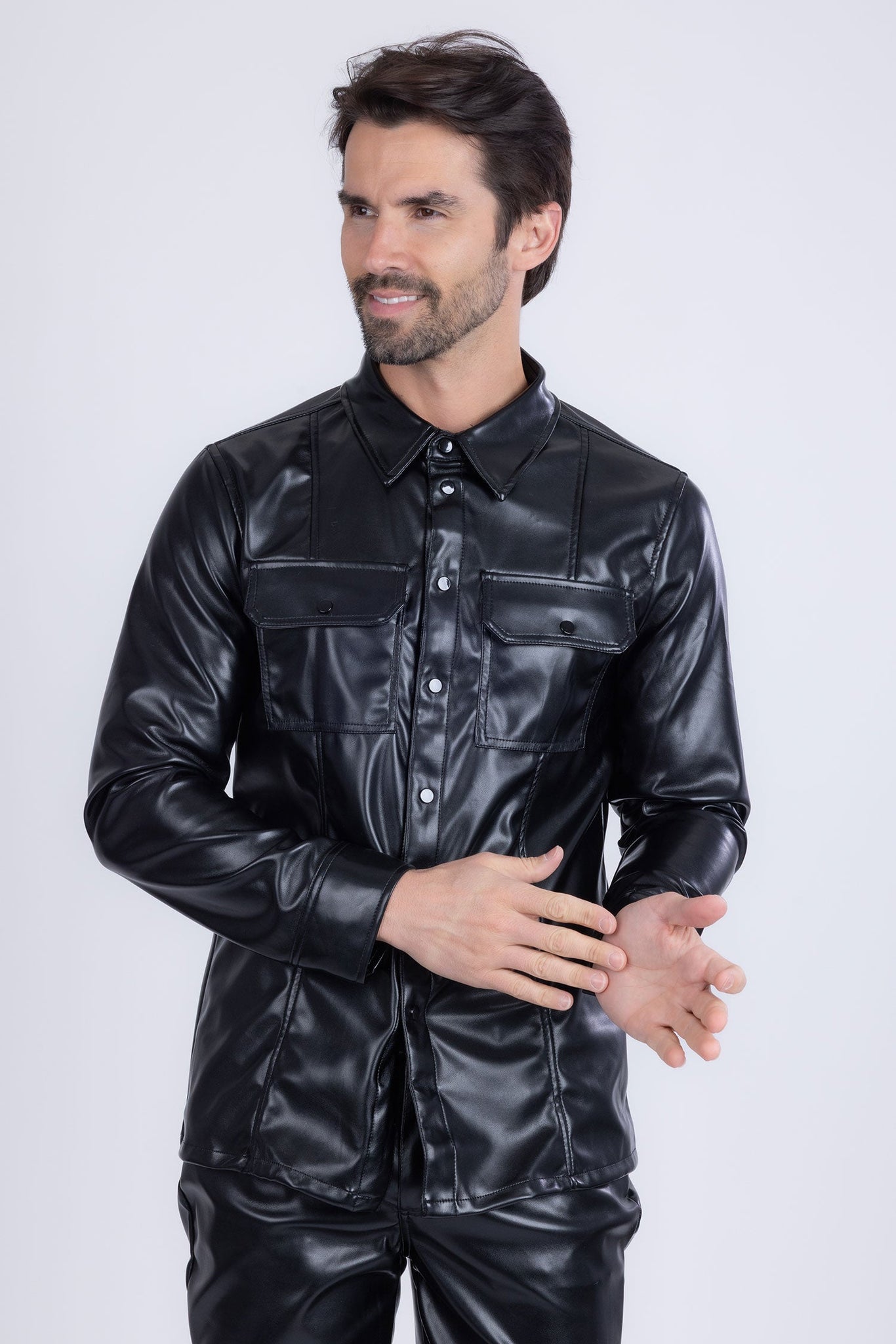 Barabas Wholesale Men's PU Leather Shiny Stretch Long Sleeve Shirt 4B100 Black