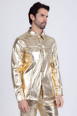Barabas Wholesale Men's PU Leather Shiny Stretch Long Sleeve Shirt 4B100 Gold