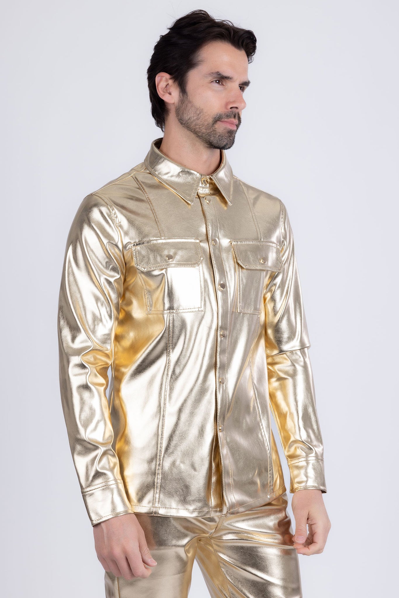 Barabas Wholesale Men's PU Leather Shiny Stretch Long Sleeve Shirt 4B100 Gold