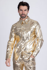 Barabas Wholesale Men's PU Leather Shiny Stretch Long Sleeve Shirt 4B100 Gold