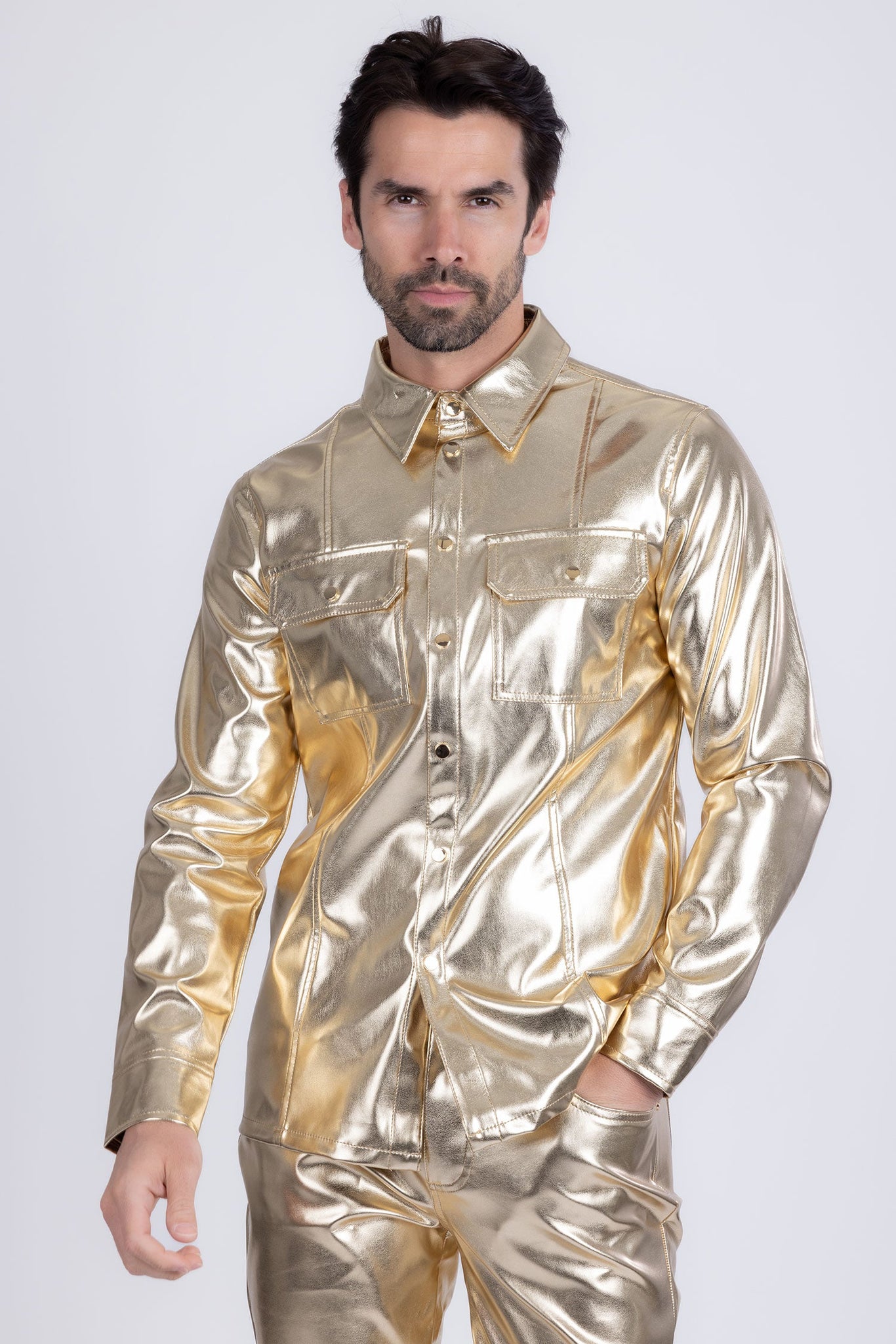 Barabas Wholesale Men's PU Leather Shiny Stretch Long Sleeve Shirt 4B100 Gold