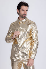 Barabas Wholesale Men's PU Leather Shiny Stretch Long Sleeve Shirt 4B100 Gold