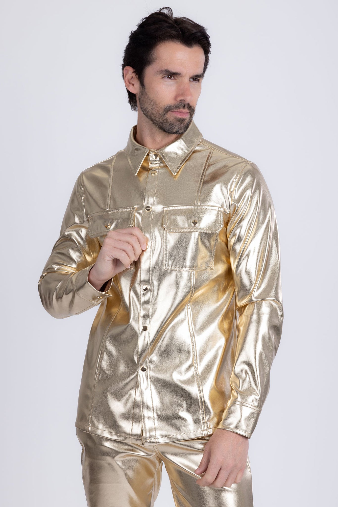 Barabas Wholesale Men's PU Leather Shiny Stretch Long Sleeve Shirt 4B100 Gold