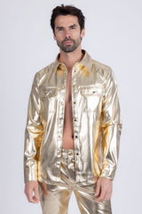 Barabas Wholesale Men's PU Leather Shiny Stretch Long Sleeve Shirt 4B100 Gold