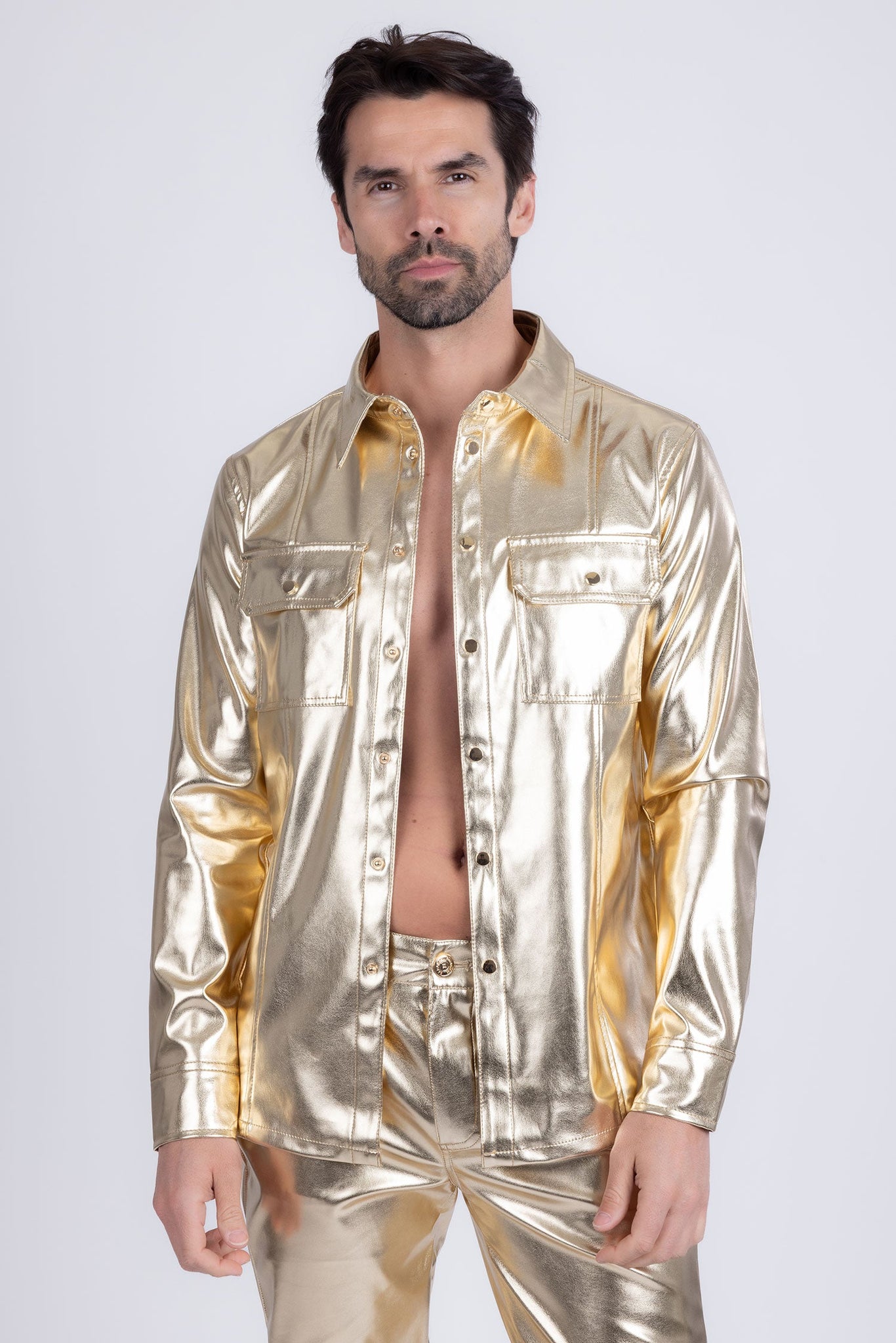 Barabas Wholesale Men's PU Leather Shiny Stretch Long Sleeve Shirt 4B100 Gold