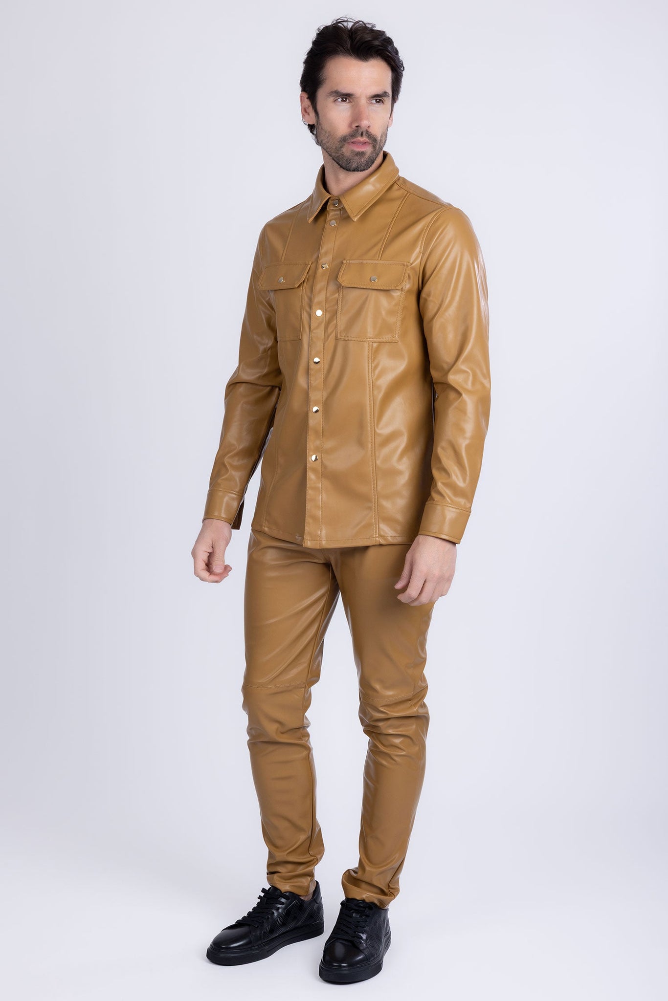 Barabas Wholesale Men's PU Leather Shiny Stretch Long Sleeve Shirt 4B100 Mustard