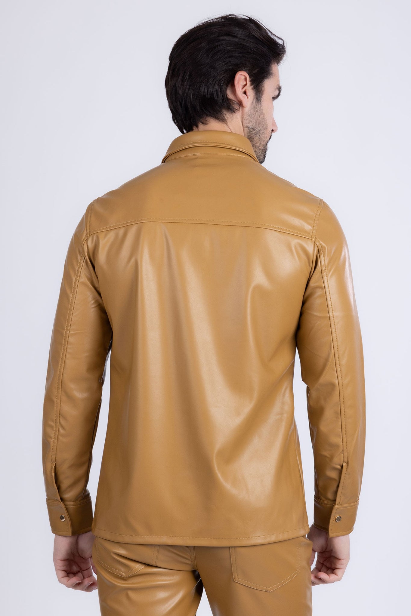 Barabas Wholesale Men's PU Leather Shiny Stretch Long Sleeve Shirt 4B100 Brown